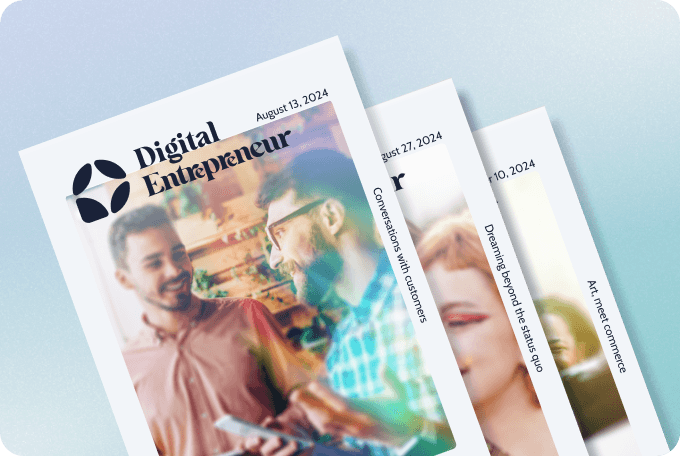 Digital Entrepreneur magazine covers displayed in a fan arrangement, showcasing the vibrant and diverse themes of recent issues. The topmost cover, dated August 13, 2024, features two smiling entrepreneurs, engaged in a friendly discussion.