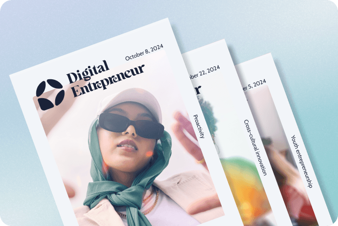 A graphic showing a spread of three digital covers of Digital Entrepreneur. The top cover is for the Proactivity issue dated October 8, 2024. The cover features a close-up of a person wearing dark sunglasses and a light green scarf wrapped around their head. The middle cover is for the Cross-cultural innovation issues, and the third cover is for the Youth entrepreneurship issue. The cover images are not completely visible for these issues. The background of the graphic is a soft blue.