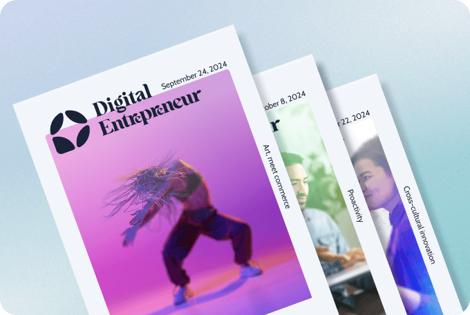 A stack of three covers of Digital Entrepreneur magazine. The top most cover is for the 'Art, meet commerce' issue, dated September 24, 2024. The cover features a dynamic image of a performer in mid-movement against a vivid pink and purple background, wearing loose clothing and a striking metallic mask that covers the face and explodes into tendrils, suggesting an artistic and energetic expression of movement.