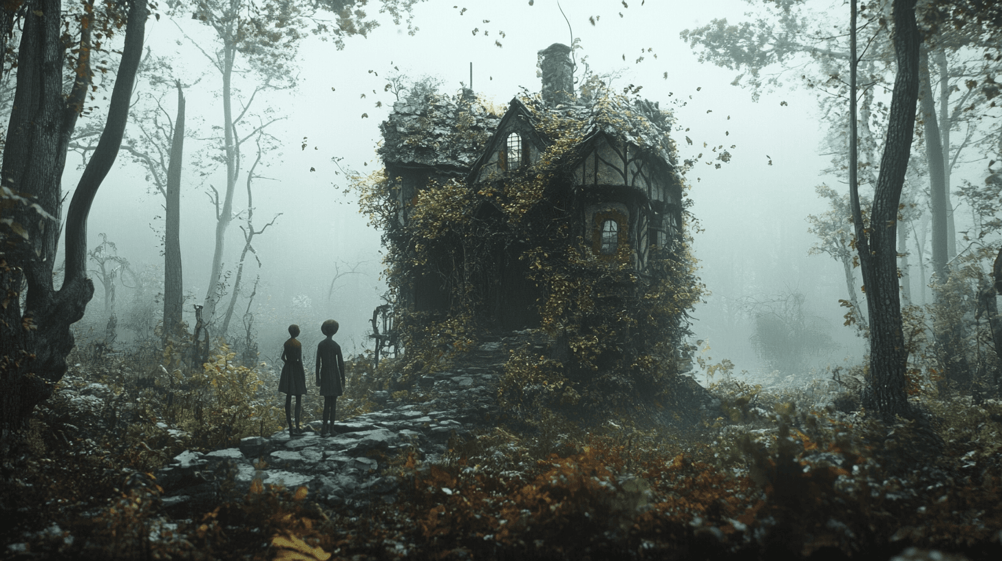 Two figures standing at the edge of a forest path, gazing at an old, vine-covered house amidst a dense, foggy woodland. The house appears abandoned and slightly eerie, cloaked in autumn foliage and surrounded by tall, bare trees. Leaves fall gently around, adding to the scene's mystical and mysterious ambiance.