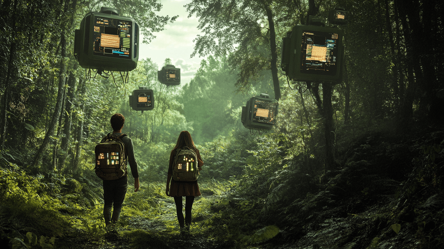 Two people, each with a backpack, walk along a sunlit forest path. Hovering beside them are multiple large monitors displaying glowing green computer code. These monitors float amidst the lush greenery of the forest, blending advanced technology with the natural environment. 