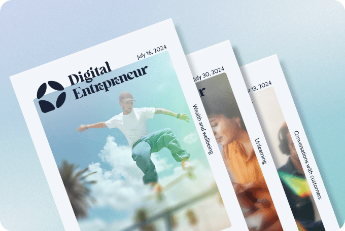 This image features a stack of magazine covers titled "Digital Entrepreneur." The top cover, dated July 16, 2024, showcases a dynamic image of a person skateboarding under a sunny sky, surrounded by palm trees.