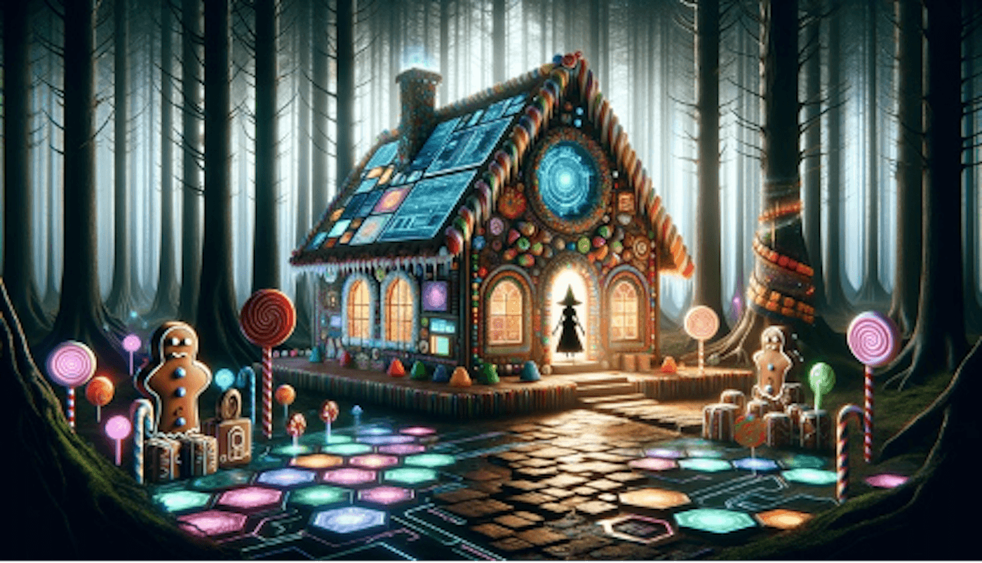 This vibrant image portrays a fantastical candy house in a mystical forest setting, illuminated by colorful lights. The house, adorned with various candies and a glowing tree silhouette in the doorway, exudes a whimsical charm. Surrounding the pathway leading to the house are glowing candy canes and lollipops, with gingerbread figures and gift boxes enhancing the enchanting scene. The image is set against a backdrop of tall, dark trees.